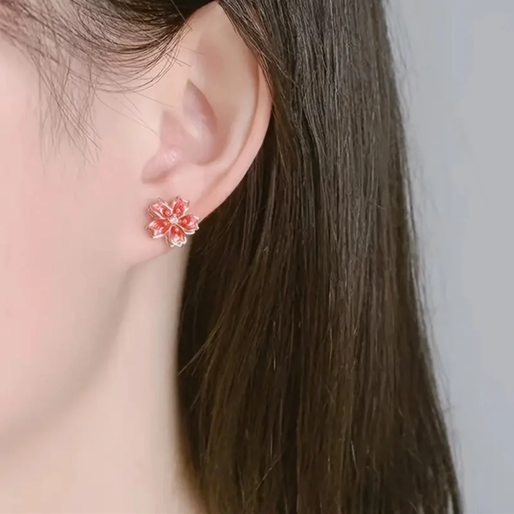 Pink Floral Enamel Stud Earrings Gold Tone Petite Flower Jewelry NWT